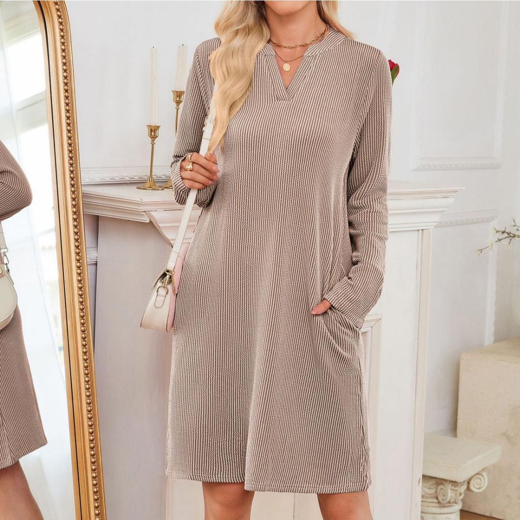 Fall Winter Women's V Neck Long Sleeve Loose Dress Casual Daily Dress For European American Crossborder Outfit