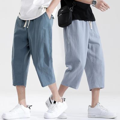 Men's Summer Plus Size Thin Casual Beach Pants Solid Color Cotton and Linen Comfortable Haren Pants
