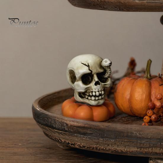 Seasonal Home Accents Spooky Halloween Figurine, Small Resin Rotating Ghost Skull Pumpkin Gravestone Figurines for Tiered Tray Statue, Collectible