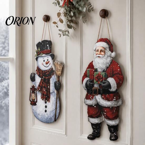 Traditional American Holiday Style Vintage Christmas Door Welcome Sign, Rustic Santa Claus Snowman Wooden Winter Seasonal Wall Art Wreath, Farmhouse