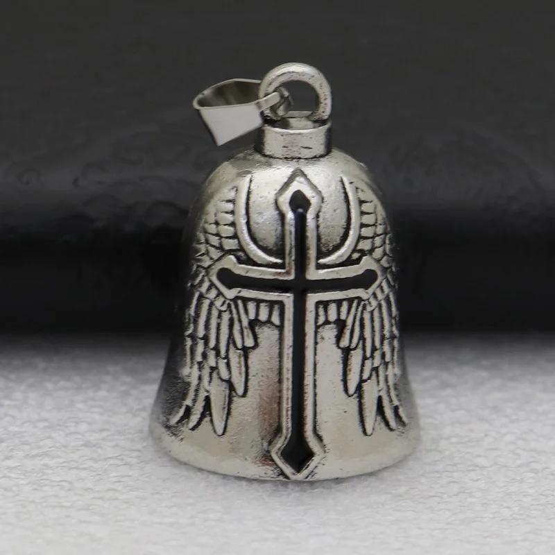 Angel Wing Guardian Bell Motorcycle Lucky Charm Retro Punk Knight Cross Pendant Black Metal Biker Accessory Evil Eye Protector