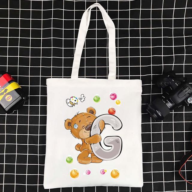 

Женская парусиновая сумка для покупок, складная сумка через плечо с буквенным принтом медведя, эко-сумка-тоут, многоразовые сумки для покупок для продуктов 24*26cm