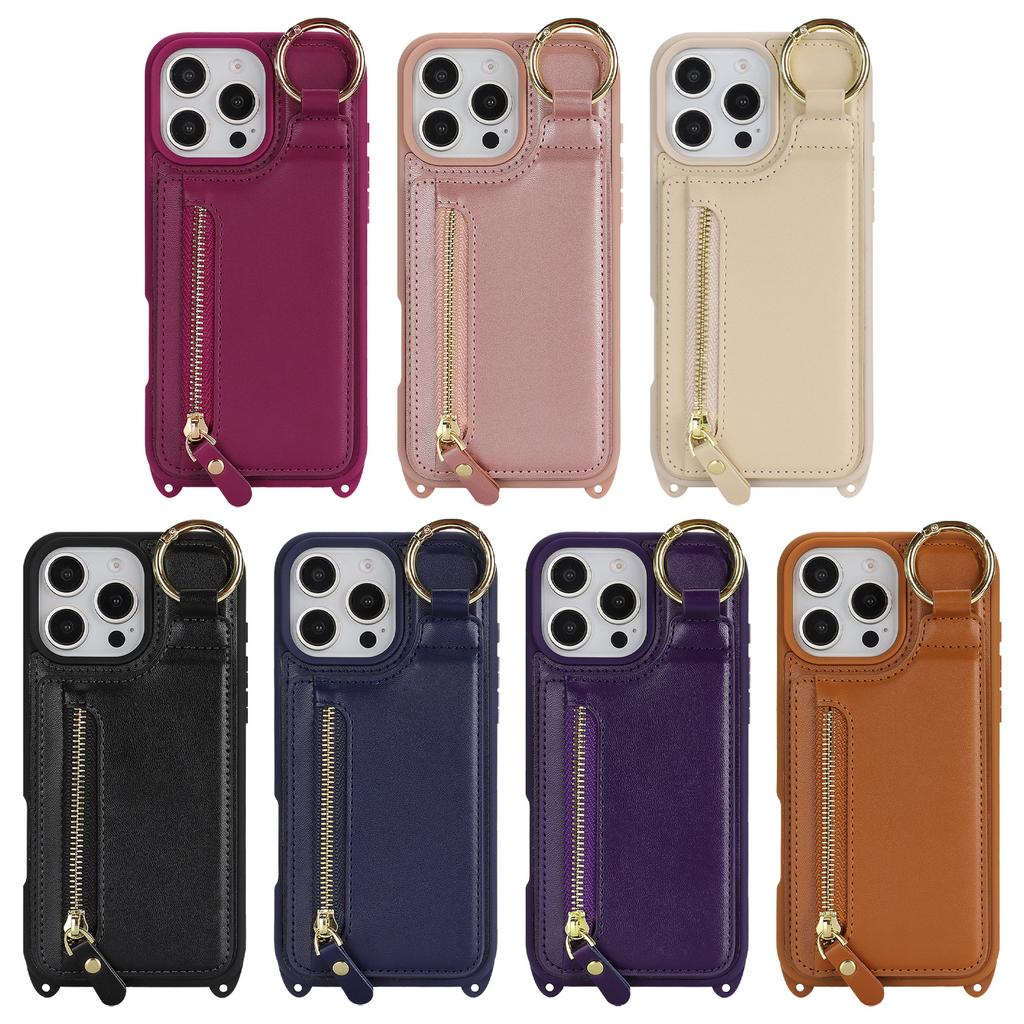 Applicable To iPhone16 Mobile Phone Case 16Pro Solid Color Zipper Change Bag Insert Card Ring Bracket Oblique Span Protective Case