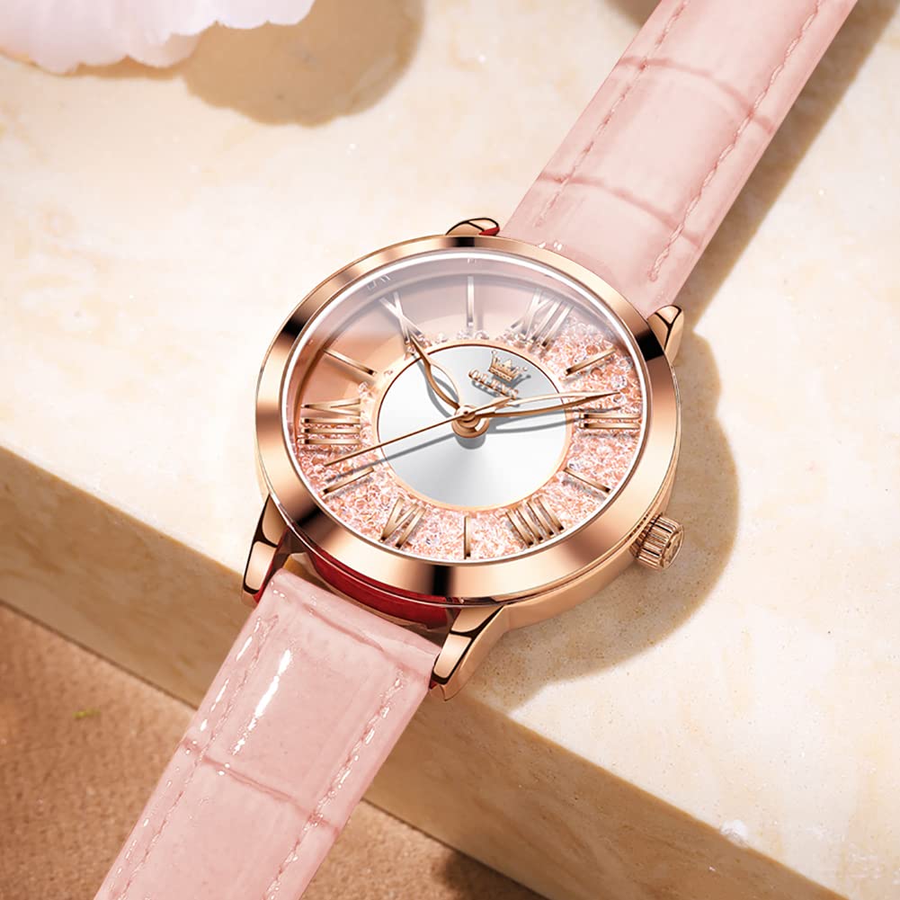 OLEVS Women's Popular Quartz Wristwatch with Sparkling Dial, Diamonds, Quicksand, Waterproof, Luminous Design, Perfect Gift for Mother's Day, Pink
