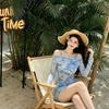 1011 New Bikini Swimsuit Women's Slightly Fat MM Blouse Tie-dye One-word Shoulder Mesh Long-sleeved Swimsuit Spice Girl Summer