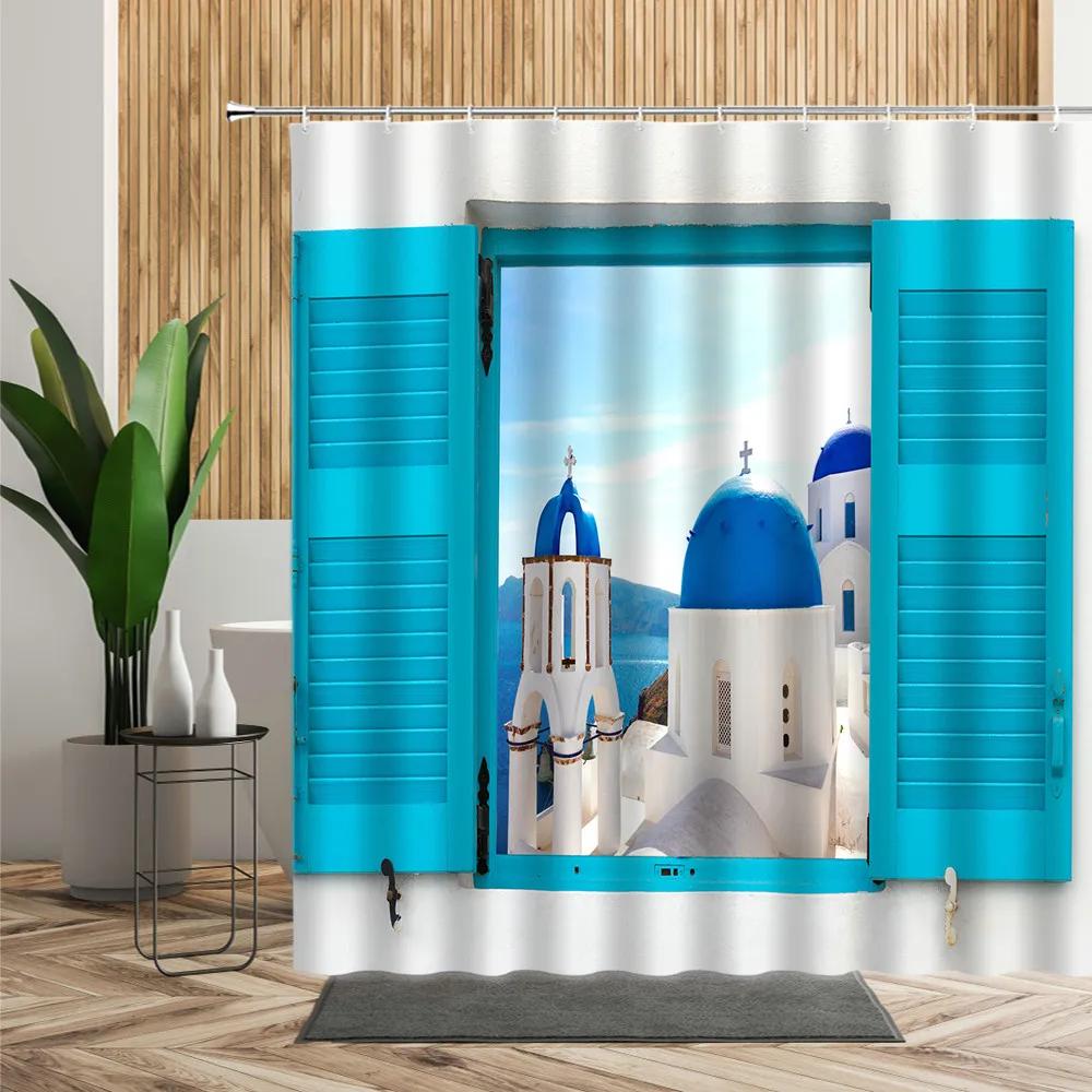 Scenery Shower Curtain Greece Seaside City Blue House Printed Fabric Bath Curtain Home Bath Decoration Bathtub Screen With Hooks