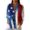Women's Fashion 3/4 Sleeve Casual Lapel Back Tie Independence Day Printed T-shirt Top