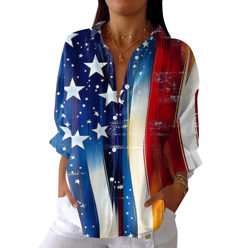 Women's Fashion 3/4 Sleeve Casual Lapel Back Tie Independence Day Printed T-shirt Top