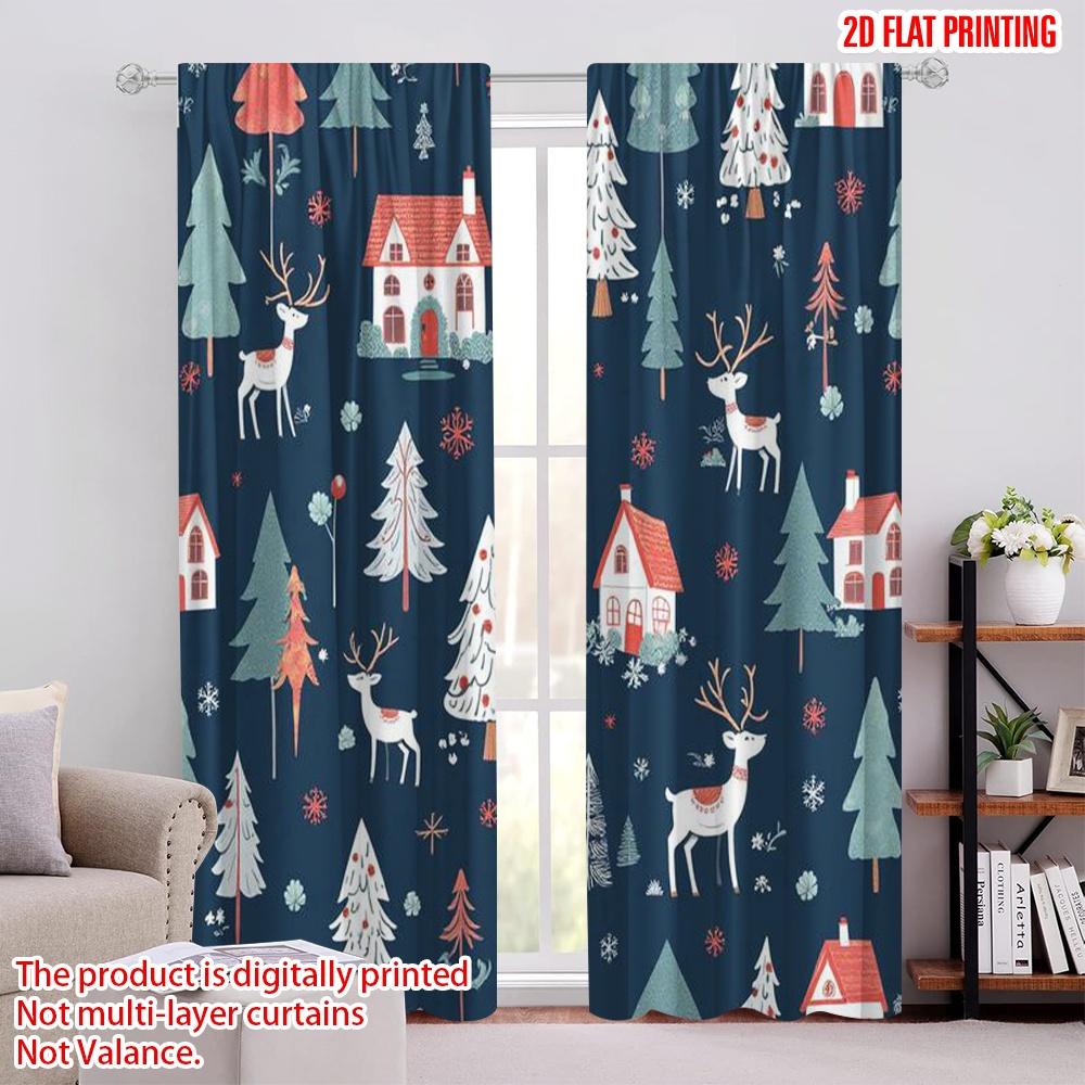 

Set Of 2 Flat Printing Merry Christmas Popular Window Curtains Forest Reindeer Landscape Animal Nature Durable Curtain Polyester W100*H70(CM)-Grommet top&2PCS