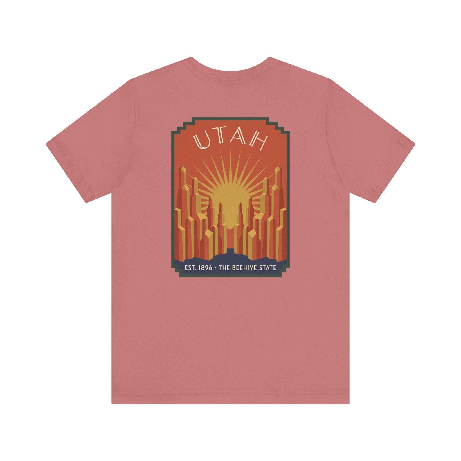 Utah Beehive State Art Deco T-Shirt | Retro Canyon Sunrise Graphic Tee | Utah State Pride Gift L