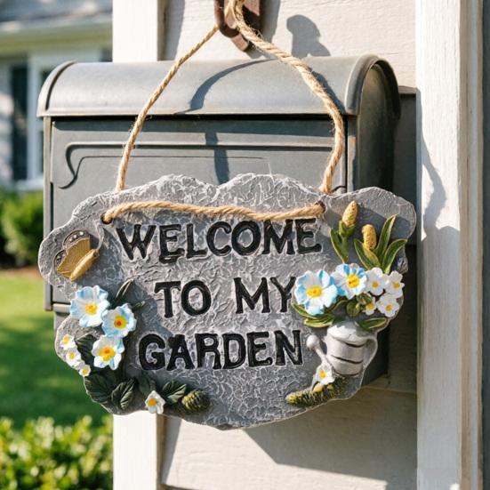 Resin Garden Welcome Sign with Flowers Birds Decorative Outdoor Garden Stone Plaque with Hemp Rope for Rustic Yard Lawn Patio Home Decor