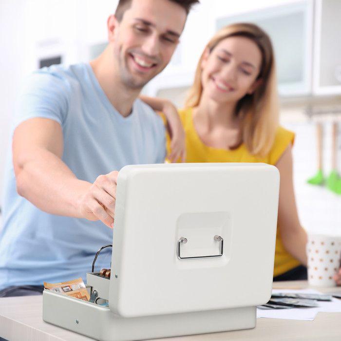 Relaxdays Cash Box, Lockable, Coin Sorter & 4 Banknote Compartments, Iron, Hlp 8.5 X 30.5 X 24.5 Cm, White