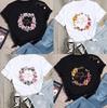 Wedding Party Short Sleeved Black and White Floral Print Womens Round Neck Tshirt Loose Plus Size Clothing
