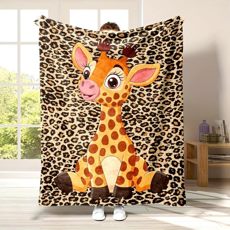 Cute Cartoon Giraffe Blanket with Leopard Print Soft Flannel Throw Blanket for Kids Bed Sofa Cozy Blanket for Home Decor & Gift
