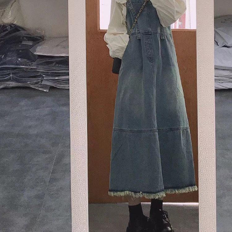 2026 Women's Washed Denim Overall Skirt - Retro Frayed Hem, Mid-Length Summer Style