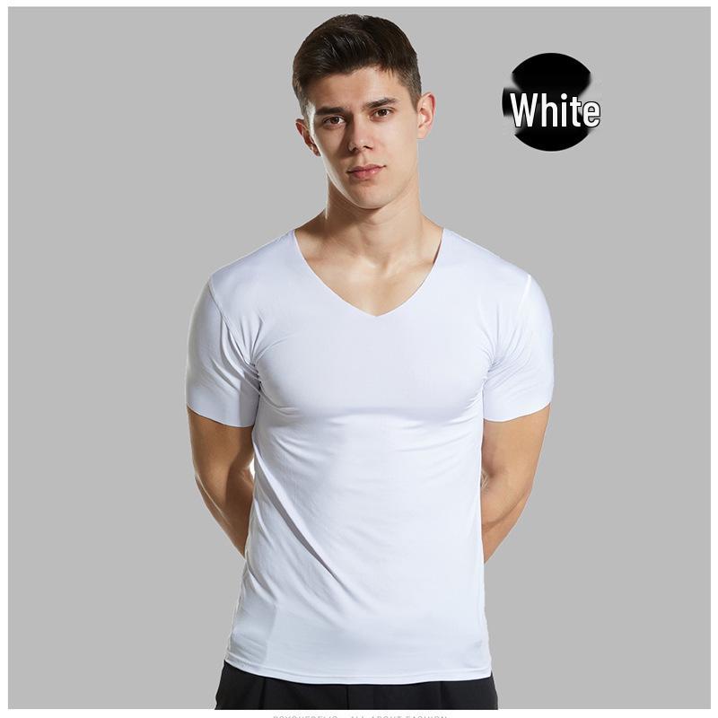 Bezešvé tričko s krátkým rukávem a výstřihem do V z ledového hedvábí, Slim Fit, Prodyšné, Jednobarevné