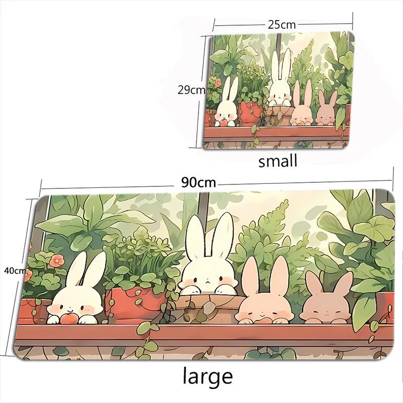 Green Windowsill Bunny Print Extended Mouse Pad Cute Forest Rabbit Nonslip Desktop Keyboard Mat