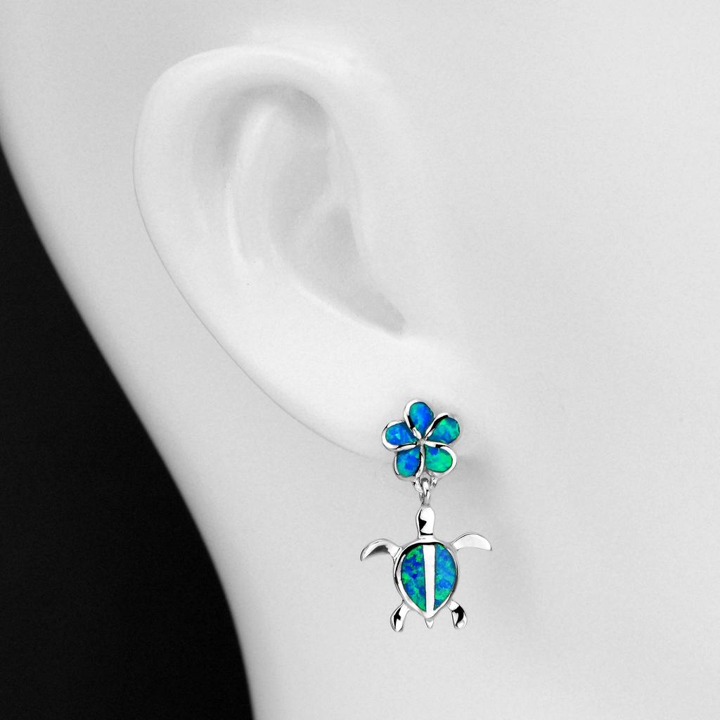 Leilani Hawaiian Jewelry Turtle Honu Plumeria Blue Opal Earrings In 925 Sterling Silver (Sea Turtle) &