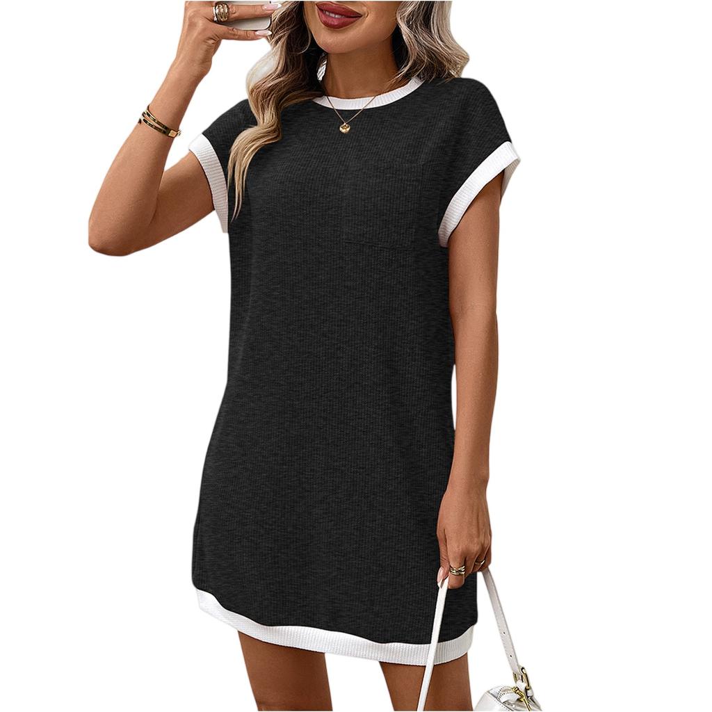 Damen Mode Locker Geschnitten Rundhals Ärmellos Tasche Freizeitkleid