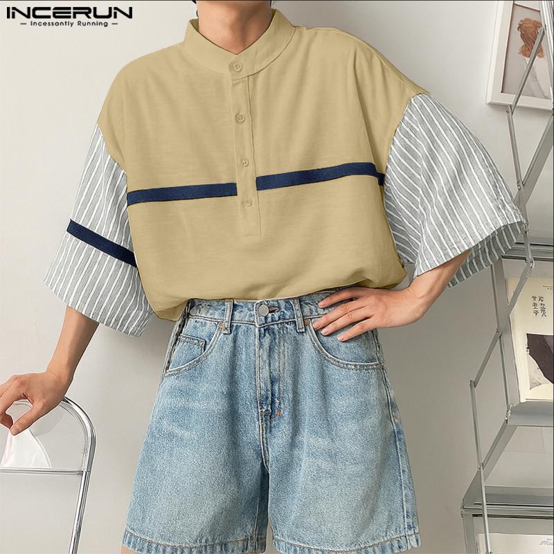 INCERUN Oversized Men Casual Loose Half Sleeve Stitching Striped Shirts
