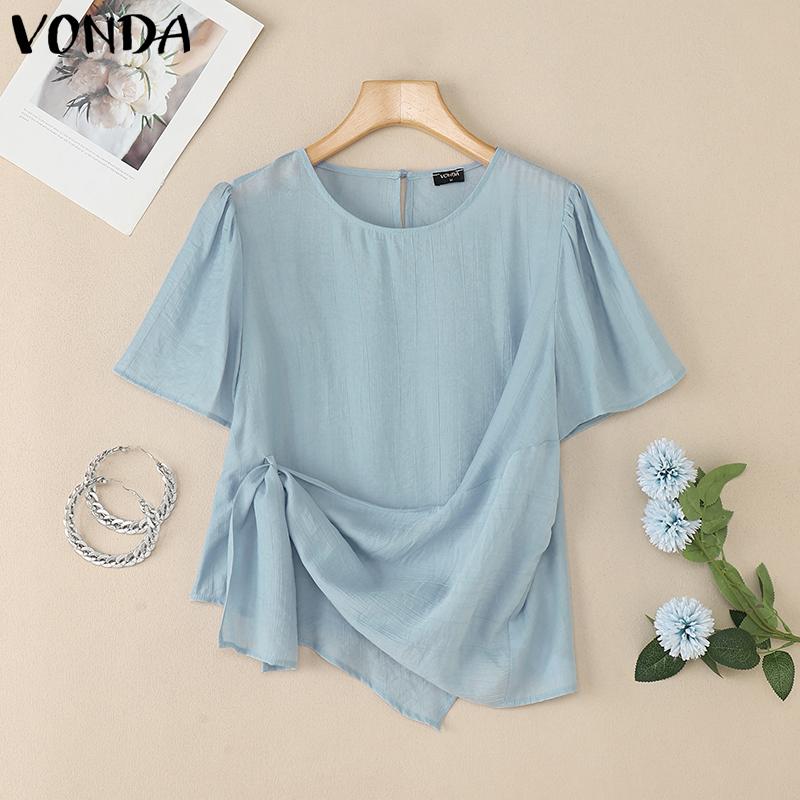 VONDA Women Casual Short Sleeve Solid Semi-Sheer Side Twisted Loose Blouse