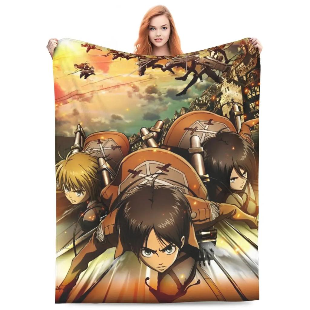 Attack On Titan Anime Manga Fleece Throw Blankets Action Blanket for Bedding Travel Lightweight Thin Bedroom Quilt