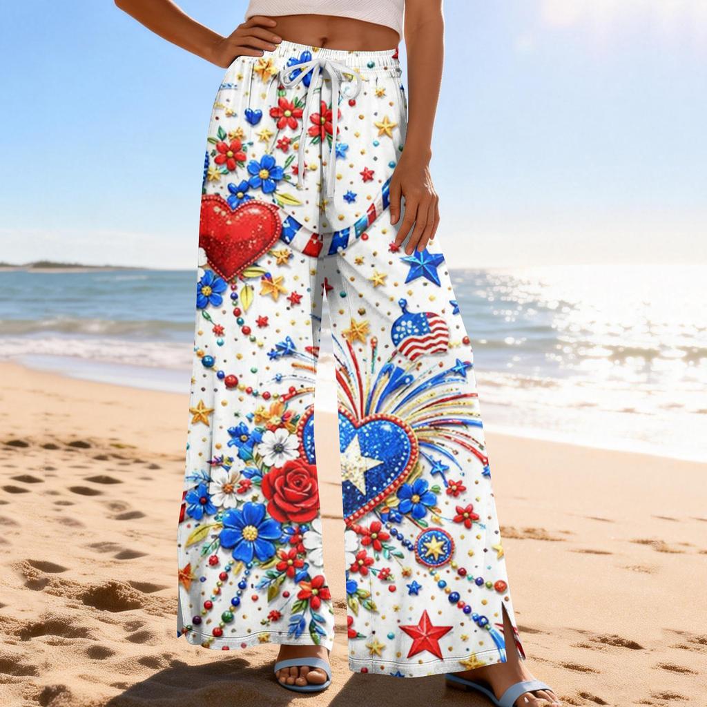 Dámské letní boho palazzo kalhoty s vysokým pasem a širokými nohavicemi, tisk, ležérní kalhoty s kapsami