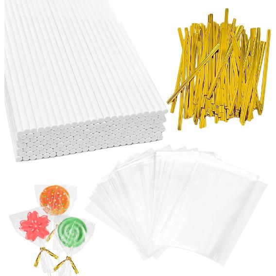 Набор палочек и оберток для кейк-попсов из 300 шт., включая 100 шт. бумажных палочек для леденцов 6 дюймов, 100 шт. прозрачных пакетов для угощений, 100 шт. золотых закручивающихся завязок для леденцов,