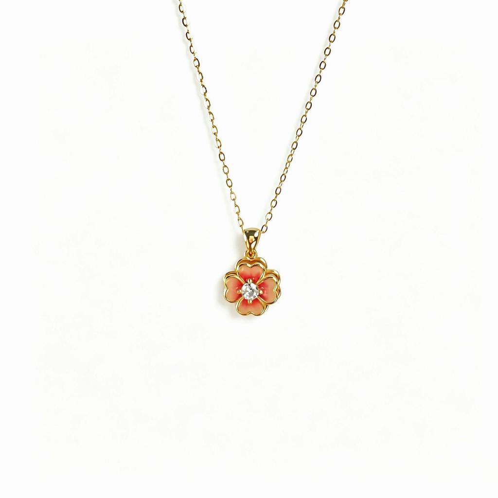 S925 Sterling Silver Fluorescent Four-Leaf Clover Pendant Necklace - Gradient Peach Blossom Resin Clavicle Chain