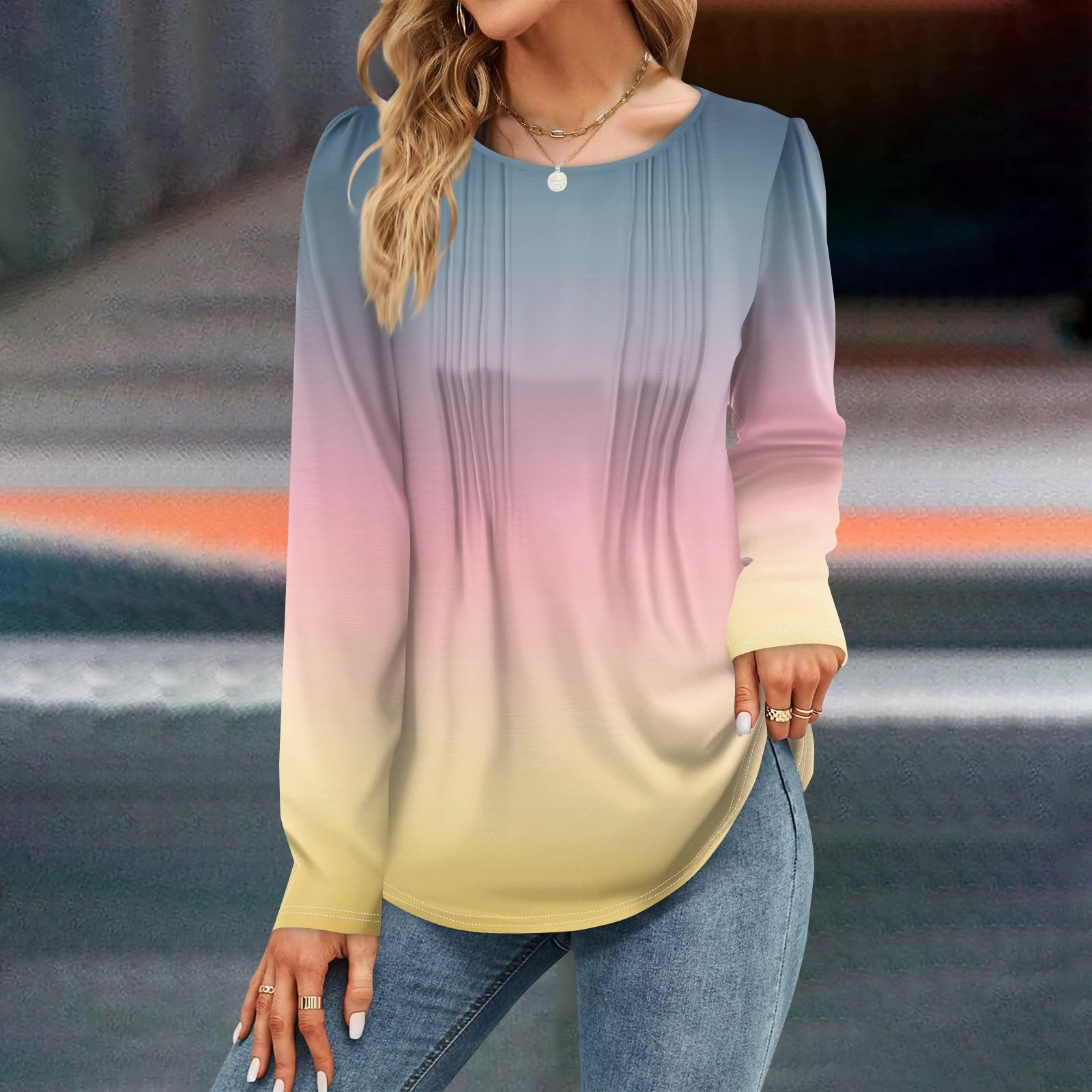 

Women s Fashion Gradient Dresses Autumn Casual Tops Long Sleeve Shirts Loose Pullovers XL жовтий