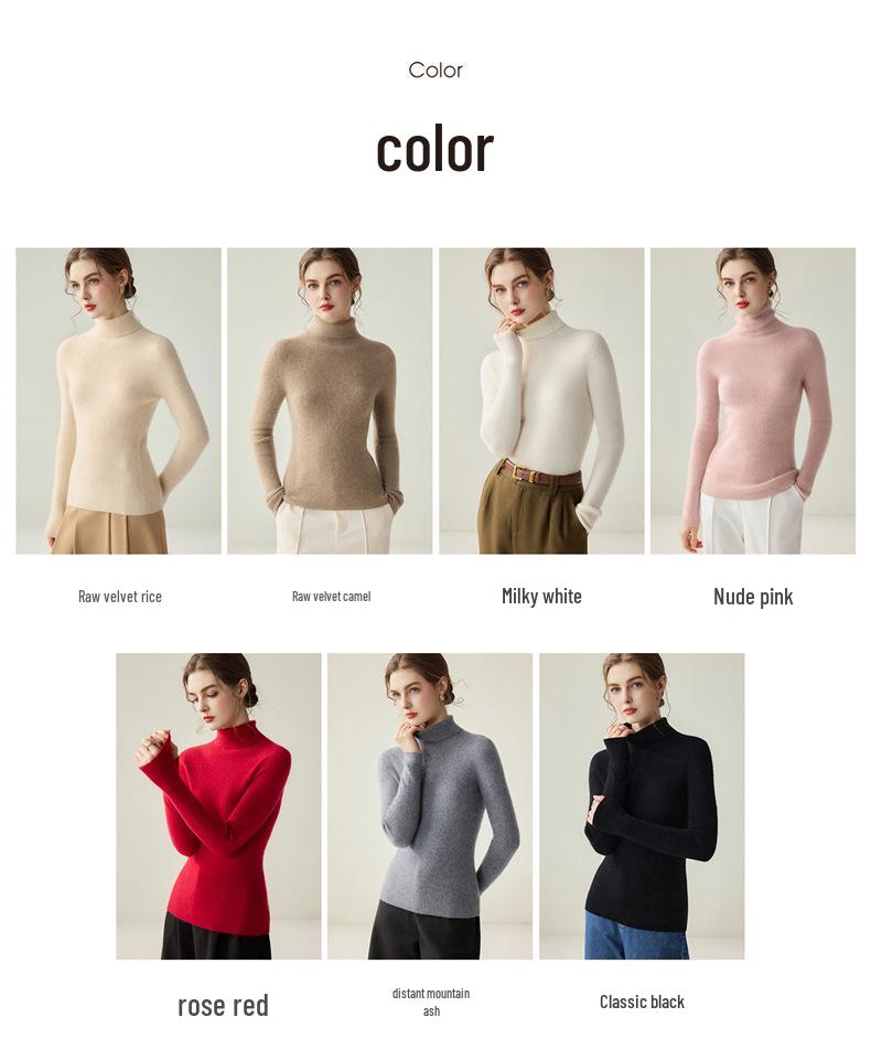 Women's 100% Cashmere Seamless High-Neck Slim-Fit Sweater - Solid Color Autumn/Winter Knitted Base Layer
