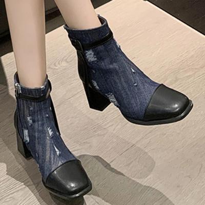 Zapatos de Mujer de Alta Calidad 2024 Botas de Mujer con Cremallera Otoño Punta Cuadrada Colores Mezclados Botas Desnudas Tacón Medio Zapatillas De Mujer