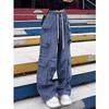 Amerikanische Retro High Waist Elastischer Bund Gerades Bein Mehrere Taschen Arbeitshose Damen Frühling und Herbst Neu Weiche Jeans