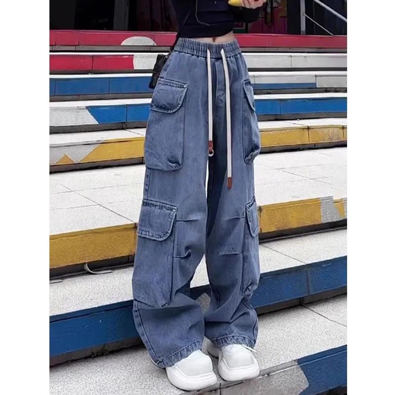 Amerikanische Retro High Waist Elastischer Bund Gerades Bein Mehrere Taschen Arbeitshose Damen Frühling und Herbst Neu Weiche Jeans
