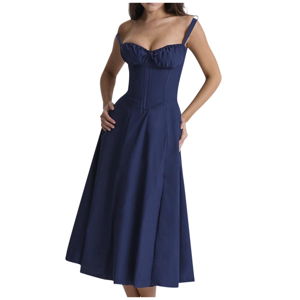 Women's Print Bustier Sundress Floral Print Tie Front Square Neck Split Thigh Dress Beach Strap Sundress