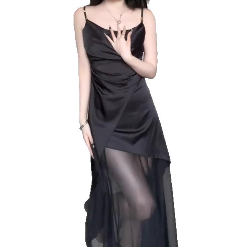 French Swinging Neck Mesh Splicing Dress Women's Summer High Sense Black Satin Suspender Temperament Slim Pleated Dress