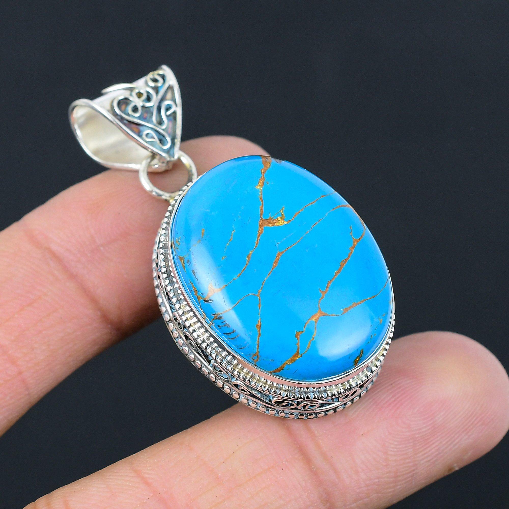 Womens day Deal Copper Blue Turquoise Gemstone Wife Pendant Jewelry 925 Silver