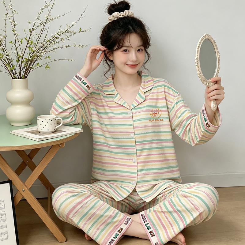 Natal year pajamas women's spring and autumn new imitation cotton long-sleeved red cute cartoon loungewear two-piece set
