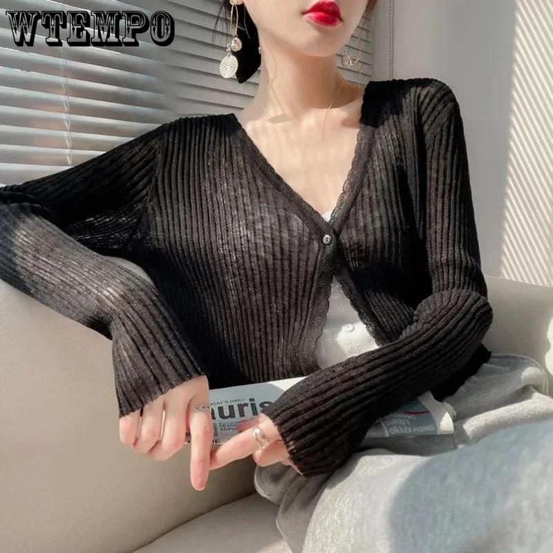 WTEMPO Ladies Casual Solid Color Lace Sunscreen Shawls Coats Women's Spring Summer Casual Versatile Thin Breathable Cardigans