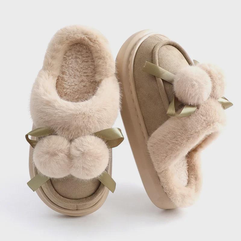 Útulné dámské bavlněné pantofle s roztomilými kožešinovými bambulkami, plyšovou podšívkou a silnou podrážkou pro vnitřní použití - Skvělé pro páry na podzim a zimu