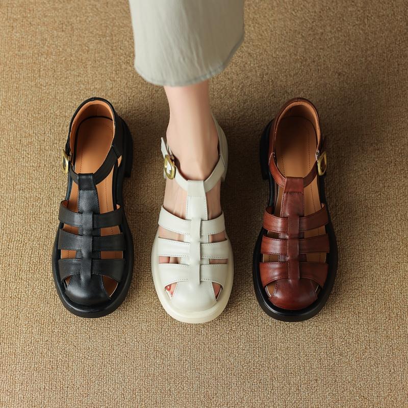 Fashion Kaky's New Round Head Cowhide Mid Heel Large Women's Sandals Roman Sandals Baotou Fashion Shoes
