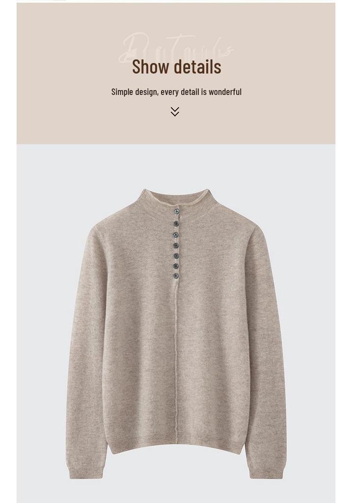 2026 Women's Pure Wool Half-High Neck Button-Up Knit Sweater