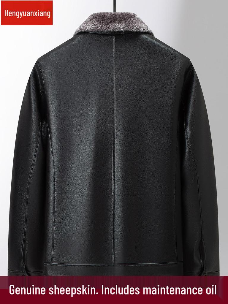 Men's Genuine Sheepskin Leather Jacket - Warm, Thickened, Stylish Outerwear for Middle-Aged and Elderly Men