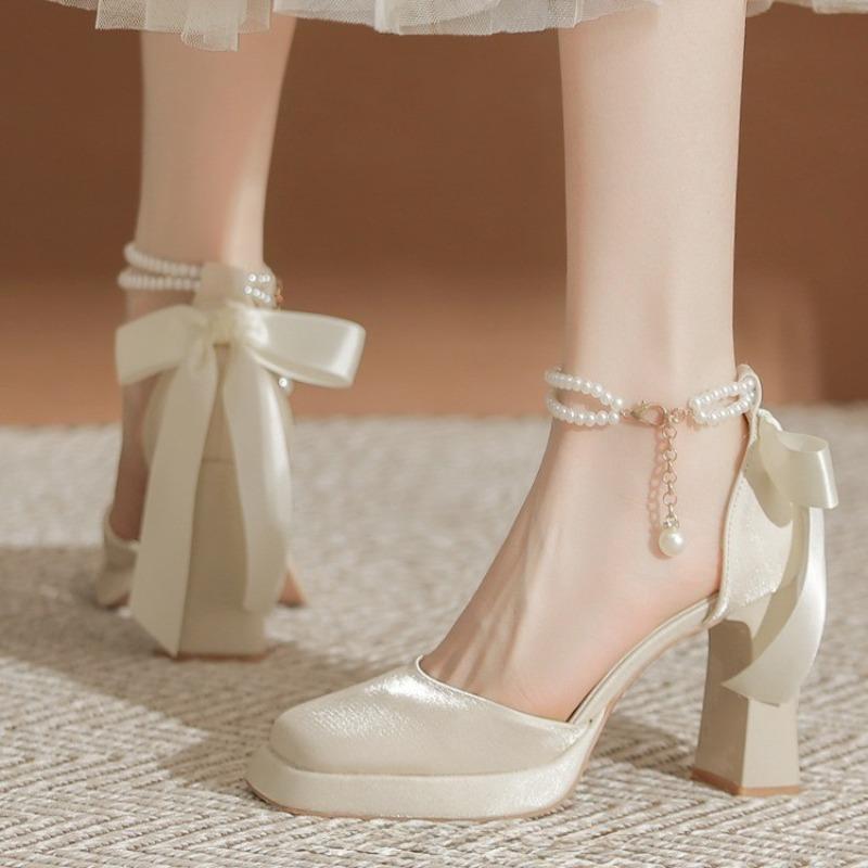 Fashion Spring New Chunky Single Shoes Women's Square Head Shallow Mouth Beaded Butterfly Knot Waterproof Platform High Heels