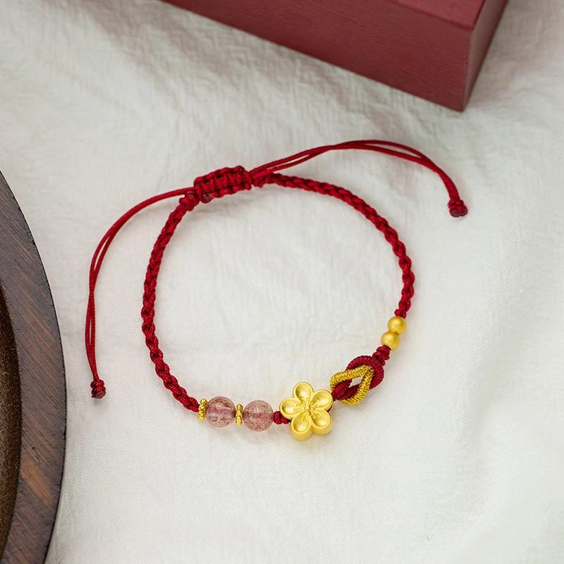 Lucky Peach Blossom Transfer Bead Bracelet for Women Men Handmade Braided Red Rope Adjustable Bracelet Couple Jewelry Gifts