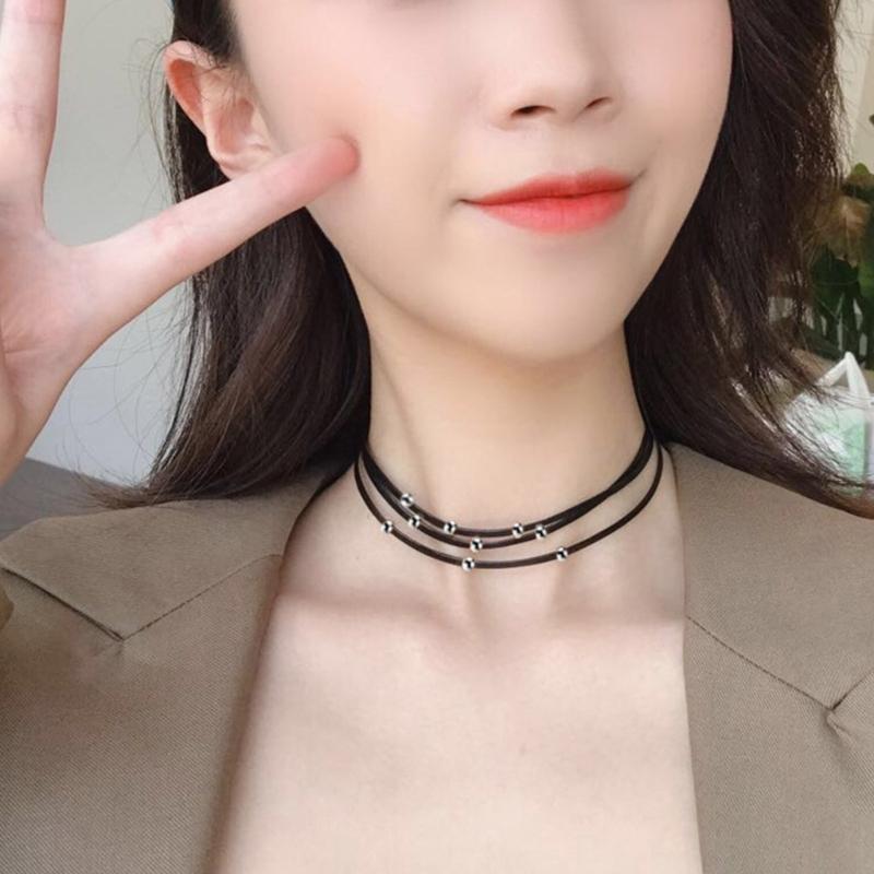 Colier choker cu mărgele din oțel titan, simplu, cu șnur din piele întoarsă, lanț pentru claviculă, bijuterii de petrecere, colier guler dulce și cool
