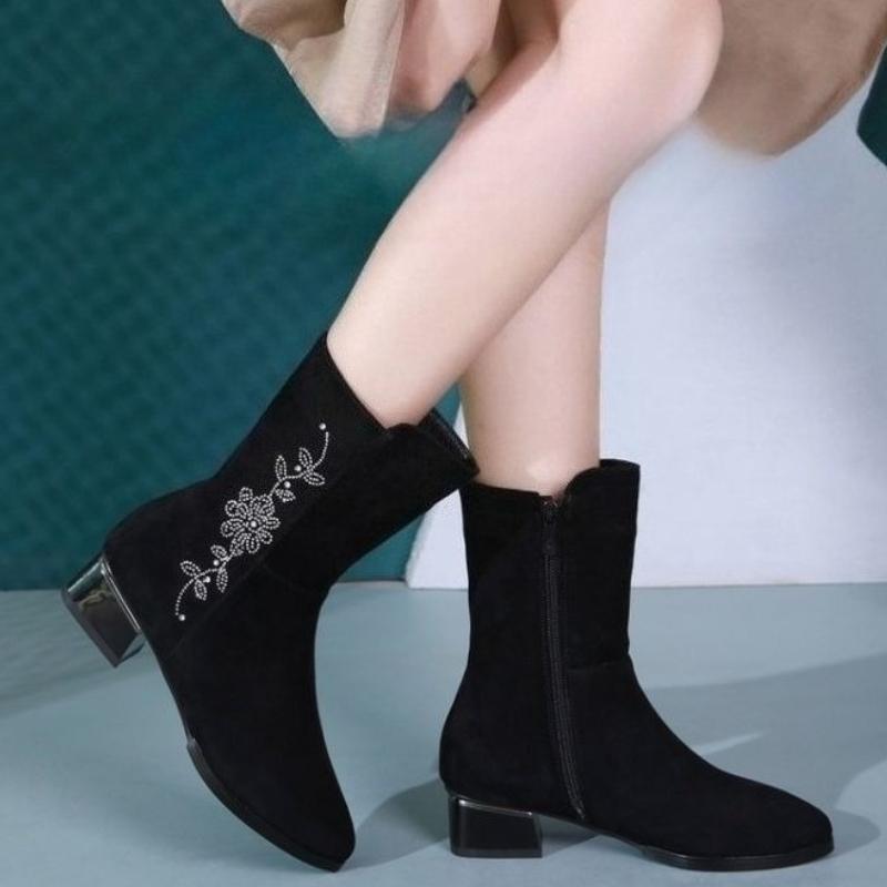 Fashion Middle Heel Fleece-Lined Half High Boots for Women Winter Rhinestone Mid Calf Shoes Woman 2025 Novelty Y2k Cosplay New Rock Boot