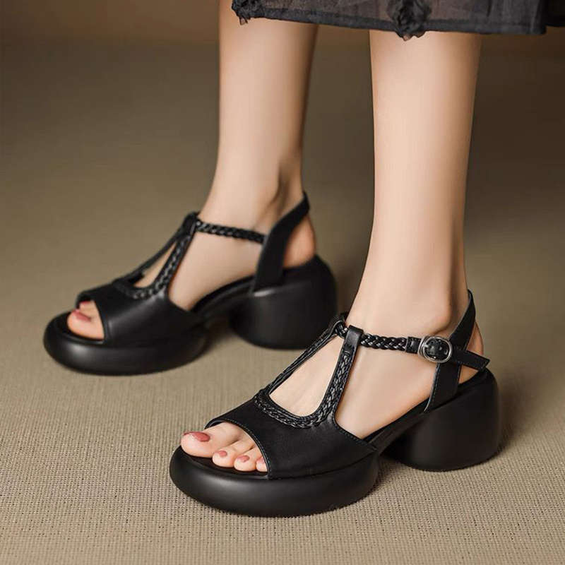 Fairy wind thick-soled thick-heeled sandals summer new woven versatile soft-soled high-heeled fish-mouth shoes