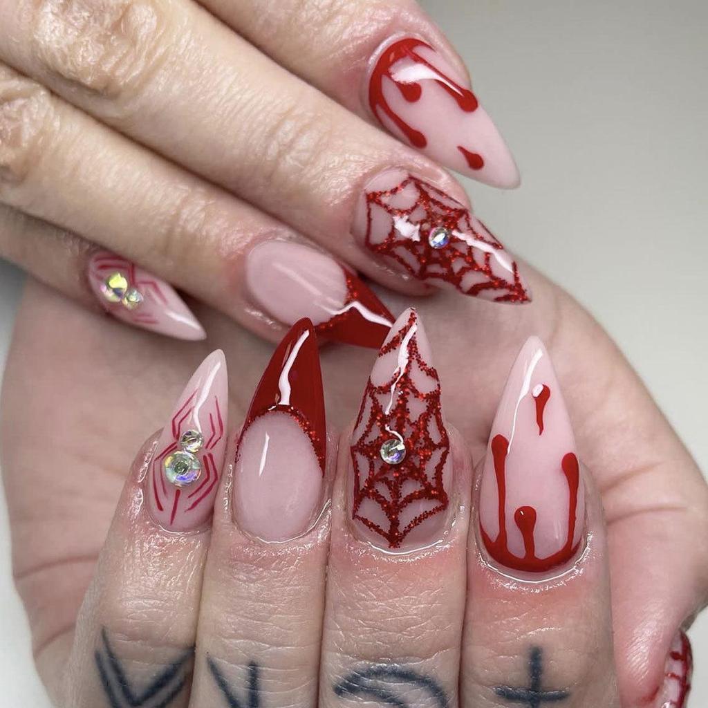 Hot Halloween Wearable Nails: Spiderweb, Heart, Rhinestone, Ghost, Stars & Moon Designs, Removable Fake Nails