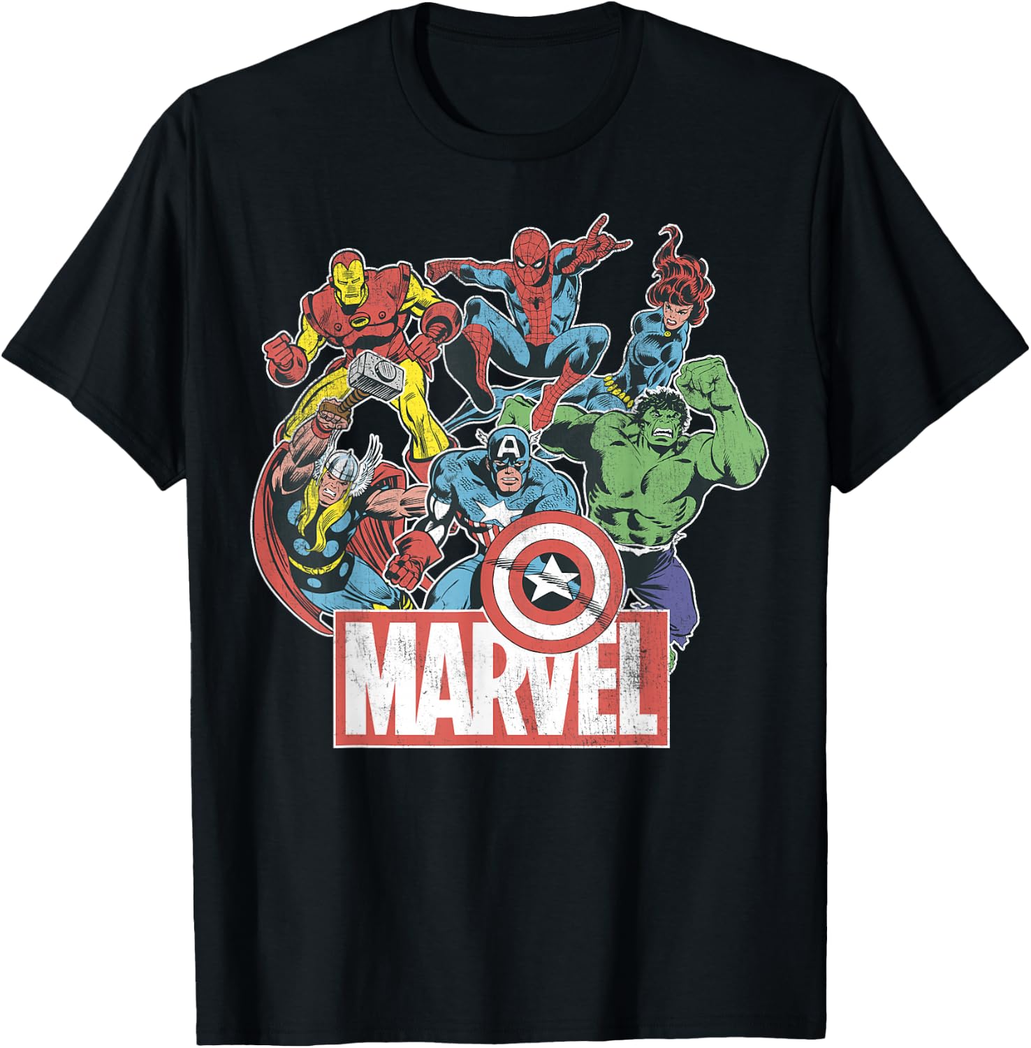 Marvel Avengers Team Retro Stripboek Vintage Grafisch T-shirt Klein Small zwart